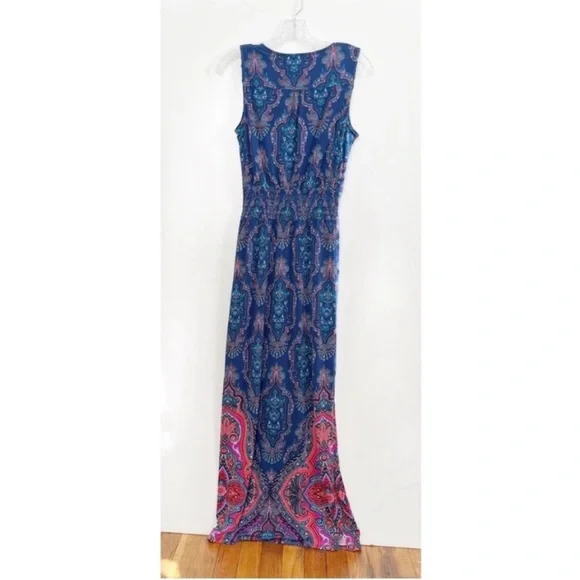Adrianna Papell maxi dress blue pink paisley sleeveless stretchy side splits - Picture 7 of 7